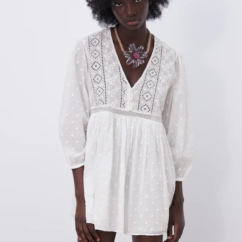 

ZA Summer Women Dress Embroidery V-neck Loose Dress Office Lady Hollow Out Puff Sleeve Dress Elegant Girls A-line Causal Outfits, Picture