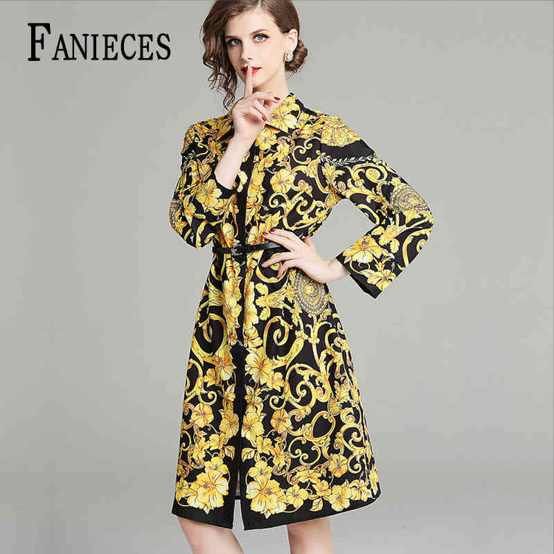 

Fashion runway designer women dress long sleeve retro pattern print pleated dresses ladies OL outwear autumn elegant Party Dress 210520, Yellow