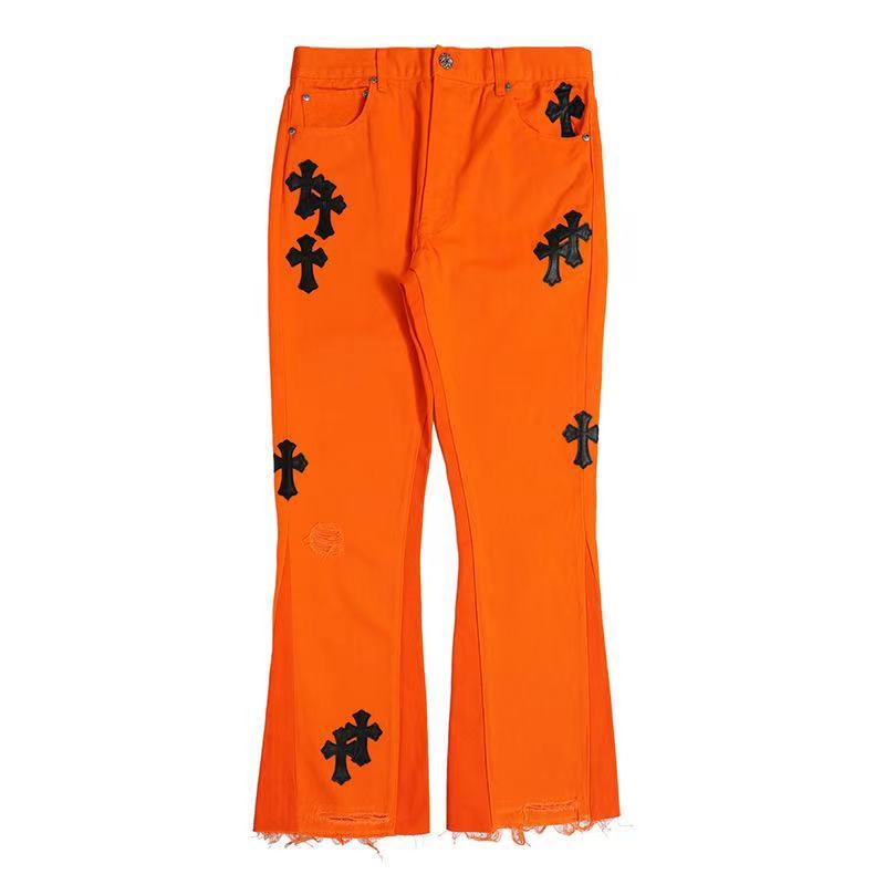 

Autumn and winter new cross embroidered silver button orange jeans flared pants