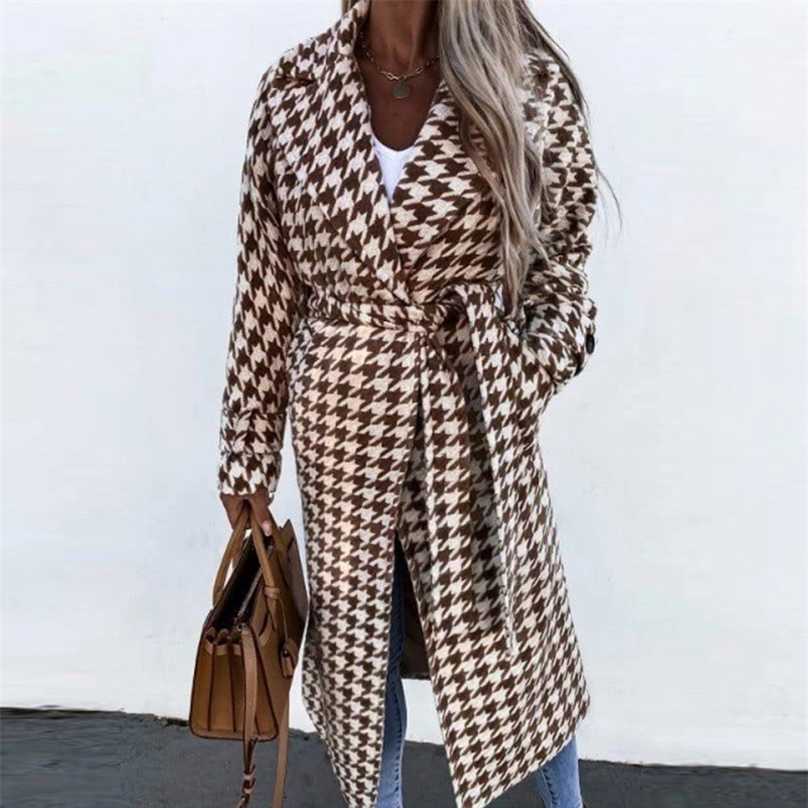 

Elegant Lapel Women Vintage Jackets Outwear Autumn Winter Long Sleeve Houndstooth Overcoat Casual Loose Belted Coats Streetwear 211019, 02 white