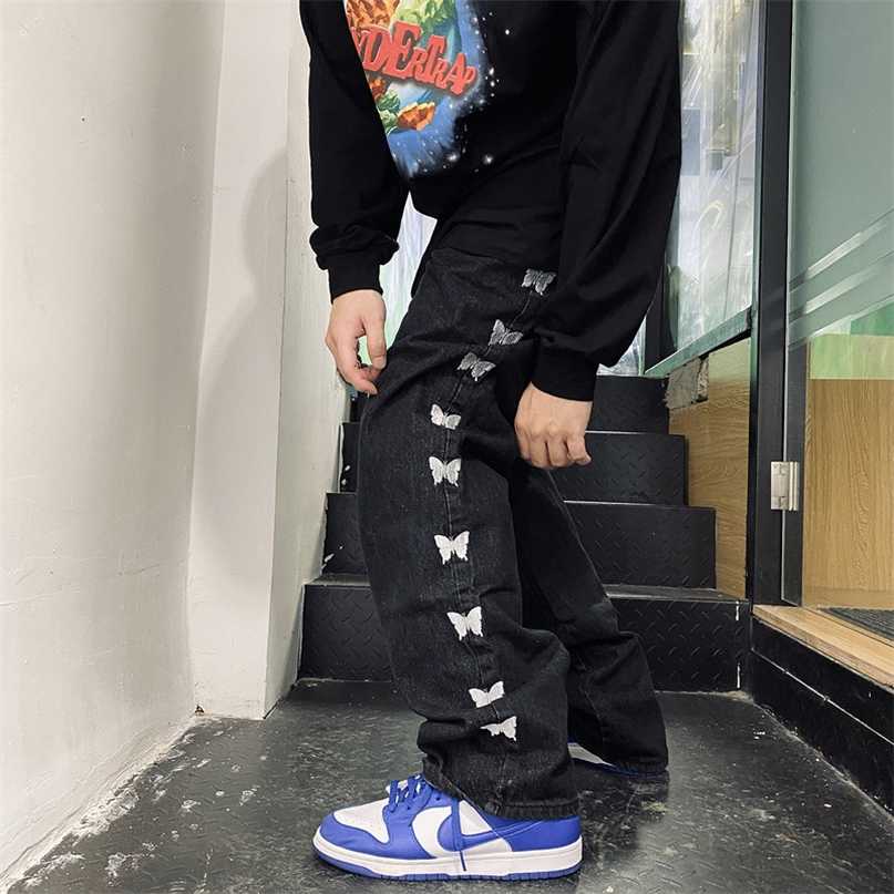 

Men's Black Jeans Harajuku Butterfly Embroidery Hip Hop High Street Loose Straight Leg Daddy Pants Man Trousers 9Y5330 211108