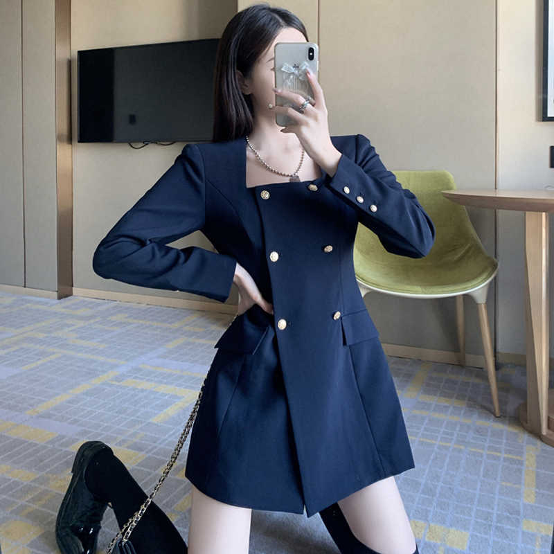 

Blazer Dres Elegant Office Lady Party Mini Female Korean Square Collar Business Casual Clothes 210604, Navy blazer dress