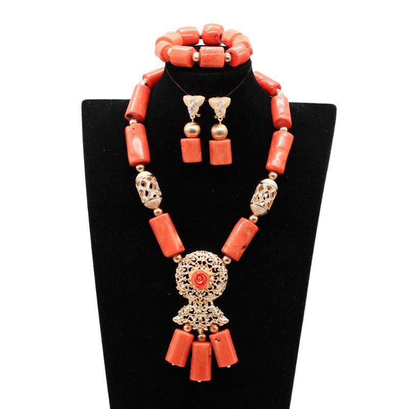 

Earrings & Necklace Original Coral Chunky Bib Statement Set Orange Nigerian Beads African Jewelry ABG053, Silver
