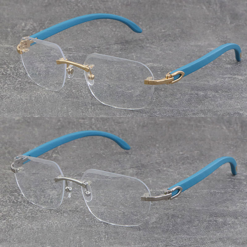 

New Design Blue Wooden Rimless Metal Frames Square Optical Fashion Eyeglasses 18K Gold Classic Styles Frame 3524012 Woman Glasses Diamond cut Lens Eyewear Size:58