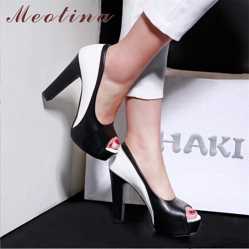 

Meotina High Heels Shoe Platform Spike Heel Office Lady Mixed Colors Peep Toe Pumps Spring Blue Big Size 33-45 211029, Black
