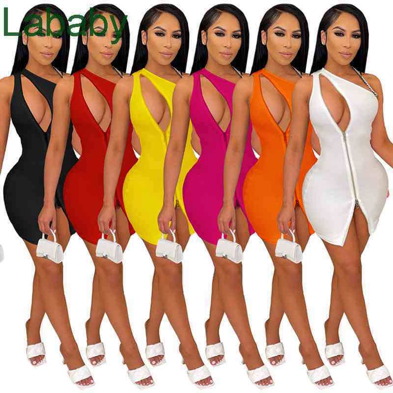 

Women Dress Designer Slim Sexy Shoulder Zipper Sleeveless Dresses Irregular Design Solid Colour Ladies Hip Skirt 6 Colours, Red