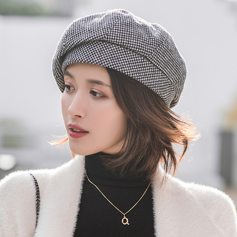 

Fitted Hat Simple Women Wool beret For Elegant lady Winter Female Cotton Hats Plaid Vintage Octagonal Casual boina Autumn girl C, Black