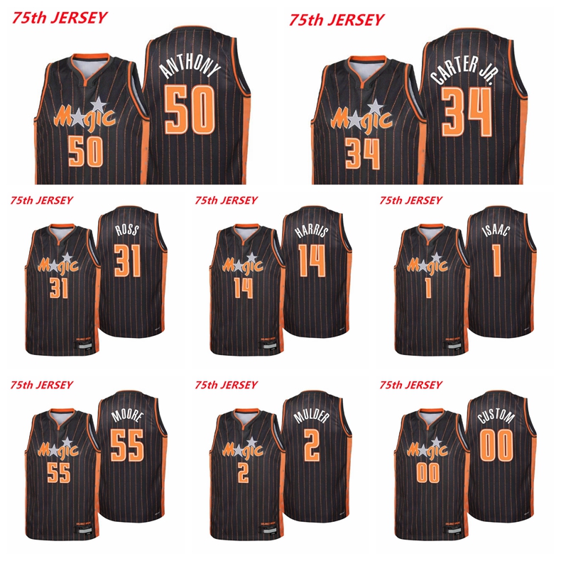 

OrlandoMagicMen Cole Anthony 50 Jonathan Isaac 1 Wendell Carter Jr. Terrence Ross ETwaun Moore Mychal Mulder 2021/22 75th Anniversary City Basketball Jersey