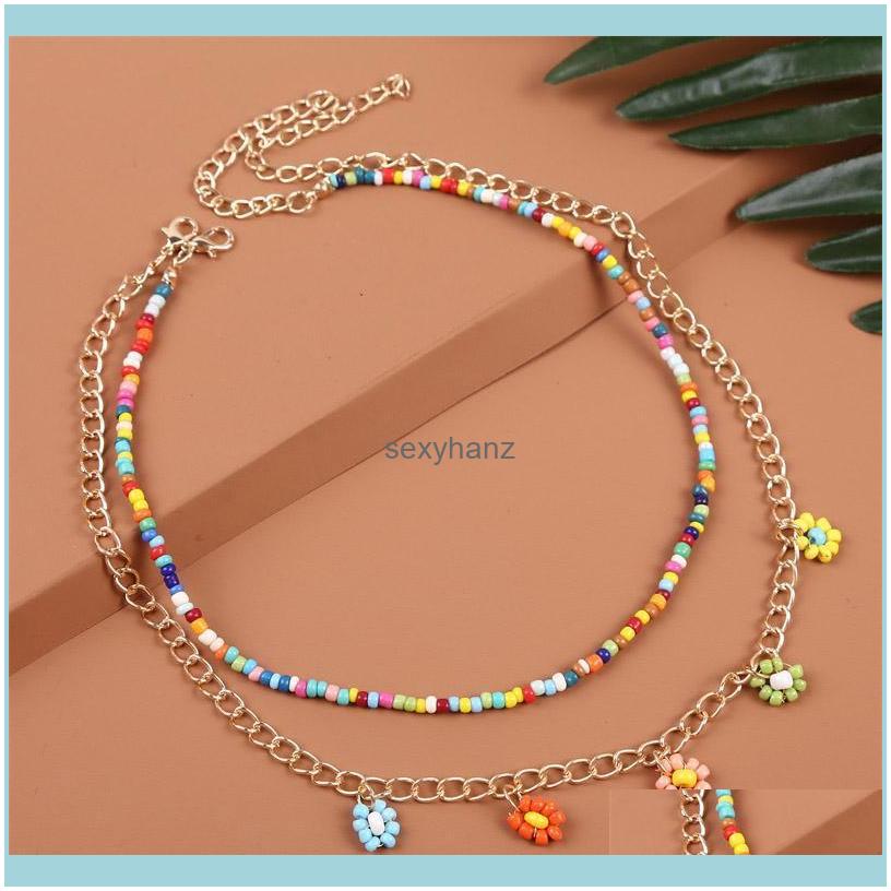 

& Pendants Chains 2 Pcs Set Bohemian Mticolor Beaded Necklaces For Women Boho Gold Color Metal Chain Handmade Beads Flower Necklace Jewelry