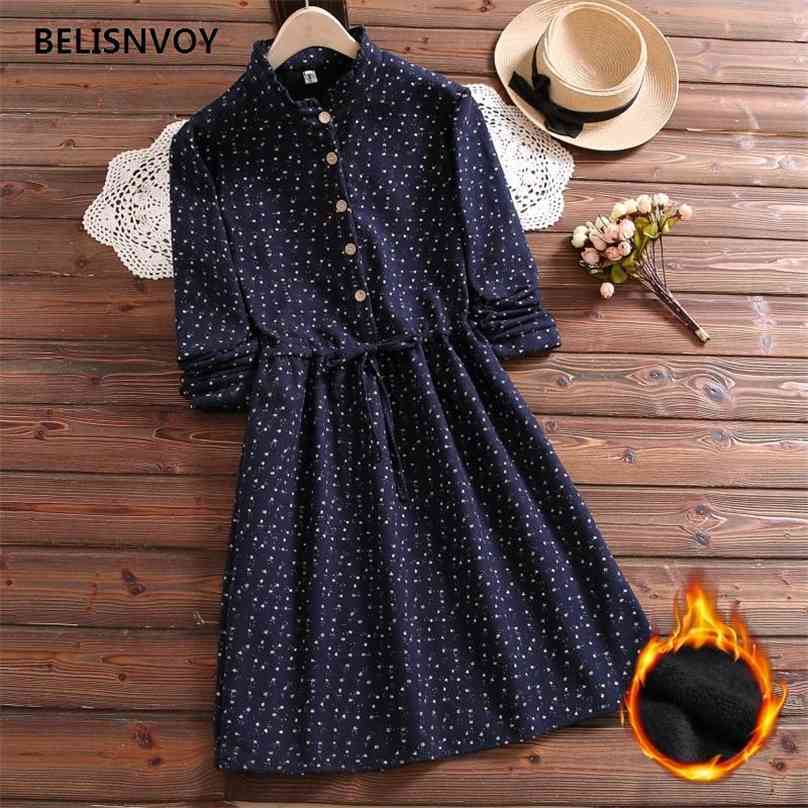

Japanese Preppy Style Autumn Winter Women Thicken Fleece Dress Ruffled Collar Navy Blue Loose Floral Printed Vintage 210520