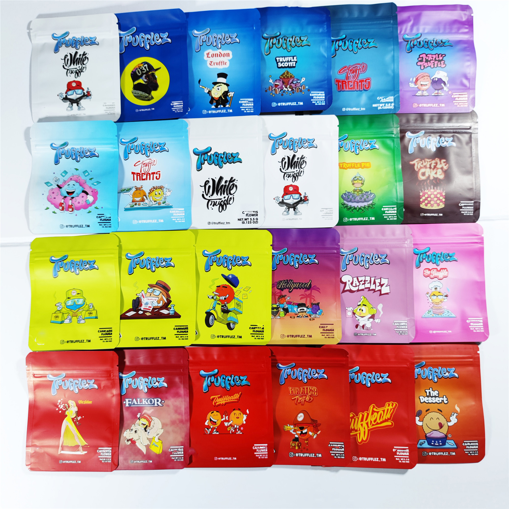 

Newest 29 Kinds EMPTY 3.5g EIGHTH White Trufflez packaging Bag smell proof Scotti Cake Pie Truffle snack childproof zipper package Edibles gummies Flower Mylar bags