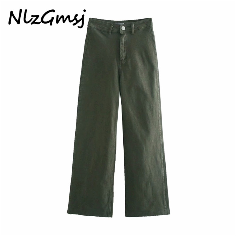 

Jean fashion women amy green wide leg jeans pants long trousers pockets buttons female 210628, As picture