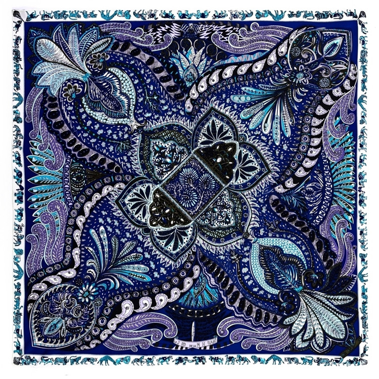 

Manual Hand Rolled Twill Silk Scarf Women Cashew Flowers Square Scarves Echarpes Foulards Femme Wrap Bandana Hijab 90CM, Blue;gray