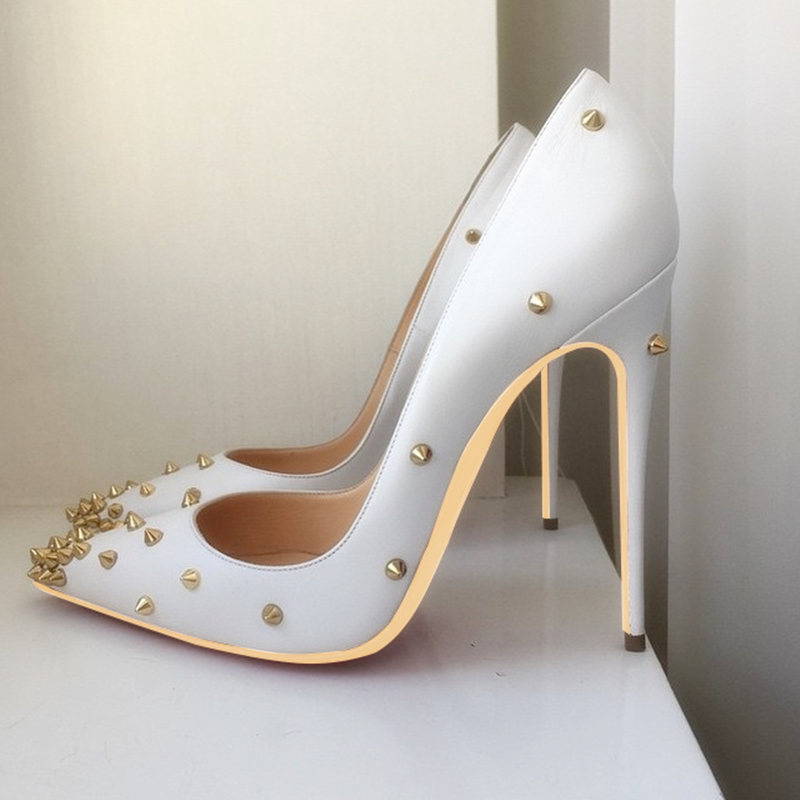 

Casual Designer sexy lady fashion women shoes white leather spikes rivets pointy toe stiletto stripper High heels Prom Evening pumps large size  12cm, White 8cm
