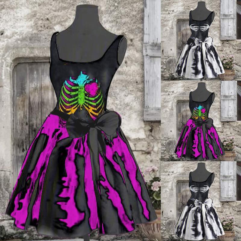 

Casual Dresses Fashion Bone Body Sling Women Print Round Neck Sleeveless Halloween Zipper Dress Mini Knee, Pp