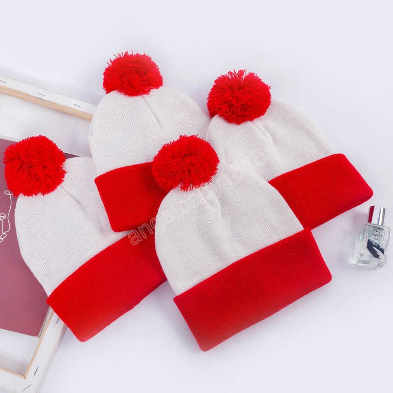 

Two-color knitted winter hat christmas Red pom pom beanies wool knit pure white slouchy chunky skull caps halloween patchwork outdoor sports headwear, As picture