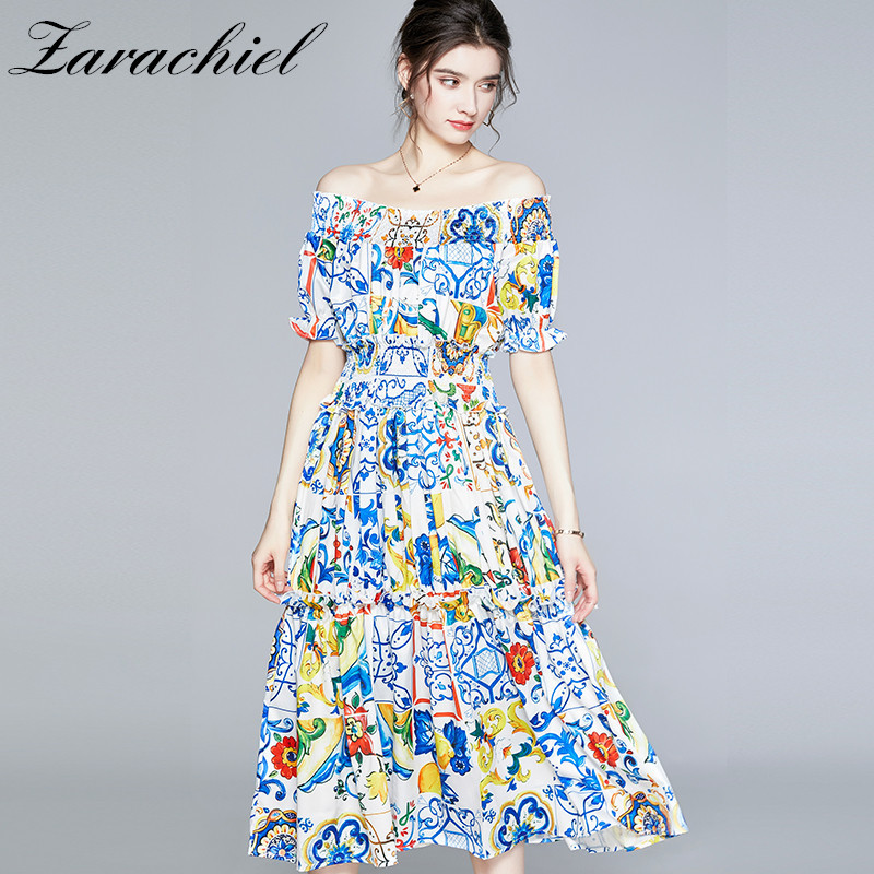 

Bohemian Summer Blue and White Porcelain Print Flower Midi Women's Off Shoulder Short Sleeve Elastic Waist Runway Dress 210416, Picture color