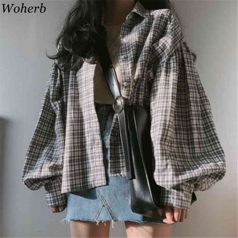 

Autumn Fashion Plaid Blouse Women Vintage Lantern Sleeve Loose Korean Top Shirt Ladies Lattice Blusas Mujer De Moda 210519
