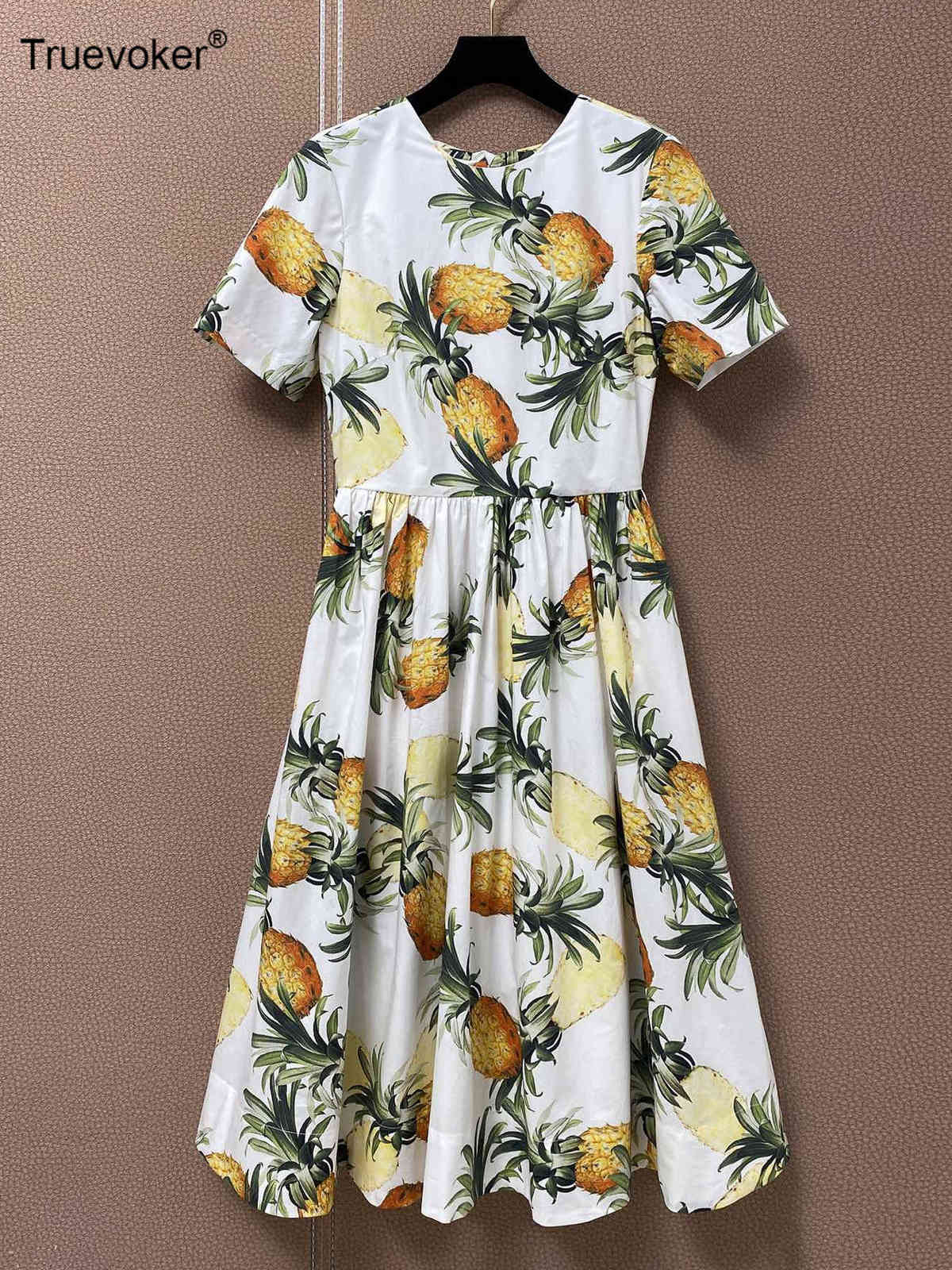 

Truevoker Summer Runway Cotton Dress Lady Fruit Pineapple Print White Knee Length Back Cutout Resort Vestidos 210602