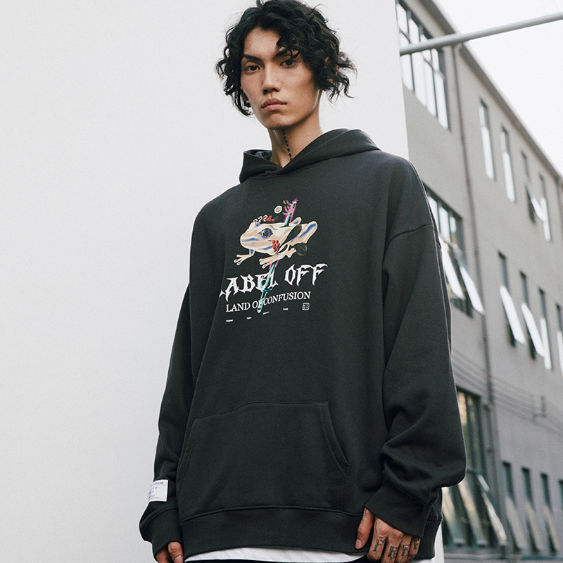 

wxwovdy 2021 autumn national fashion new street fun colorful frog print casual loose hoodie, Black