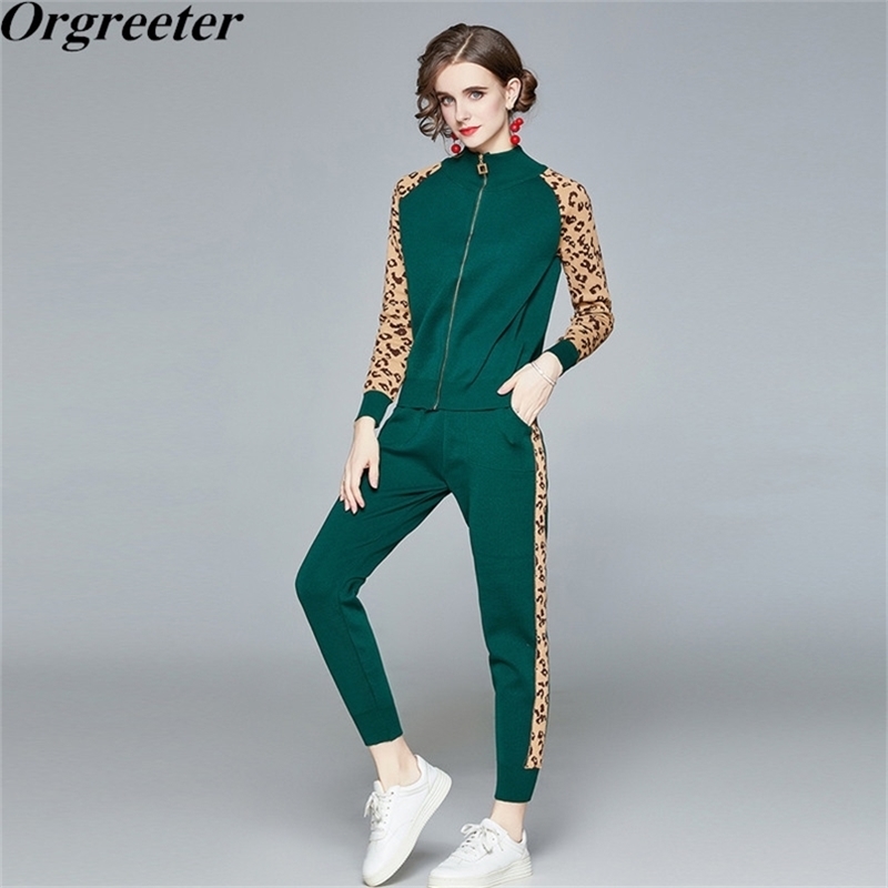 

Spring Fall Leopard Patchwork Sweater Suits Stand Collar Casual Zipper Knit Cardigan + Ankle-length Pants Knitted 2 PCS Set 210602, Black