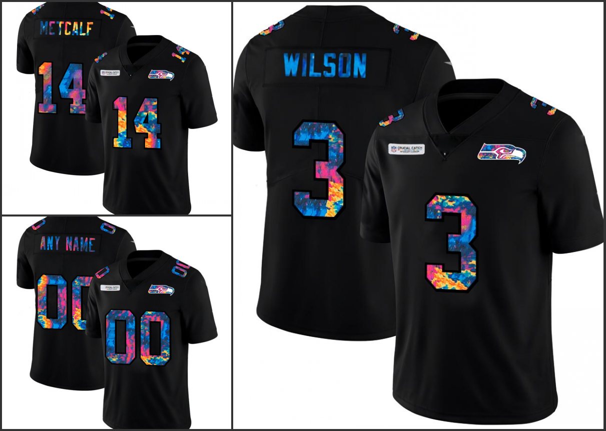 

SeattleSeahawksMen #14 DK Metcalf 3 Russell Wilson Multi Color Black Custom Crucial Catch Women Youth Limited Jersey