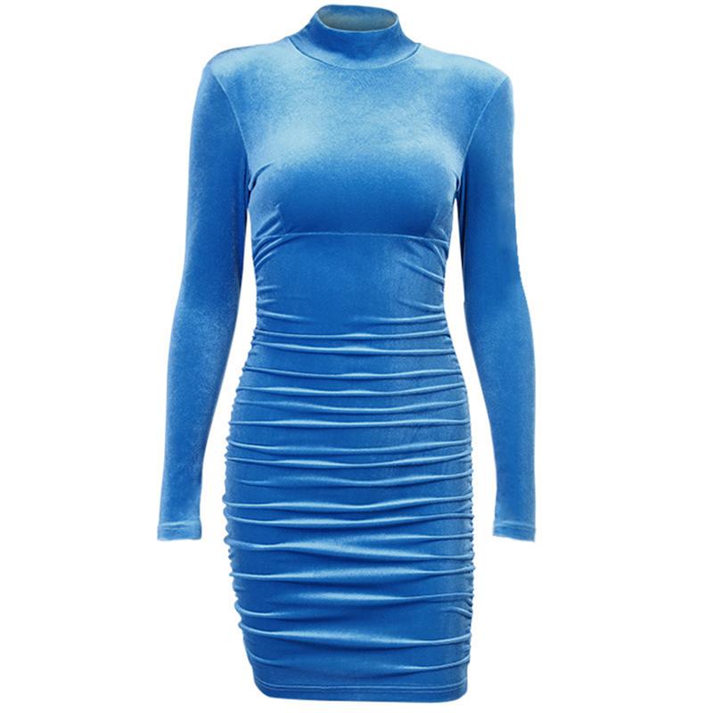 

Sexy Bodycon Velvet Mini Dress Women Autumn Long Sleeve High Neck Party Female Sheath Robes Vestido, Blue
