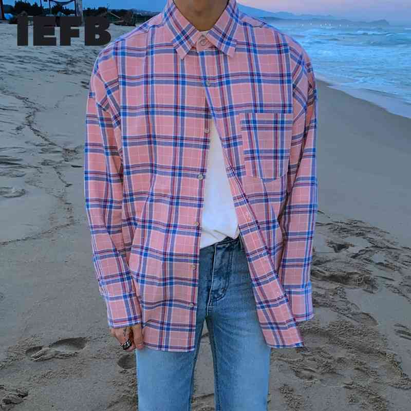 

IEFB Pink Plaid Long Sleeve Korean Streetwear Fashion Shirt Men's Casual Loose Single Breasted Blouse Top Spring 9Y6122 210524, Powder lattice