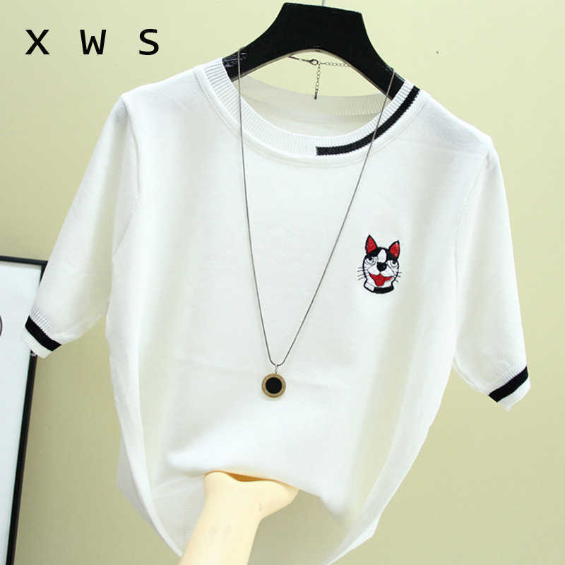 

Kitten female embroidery summer thin women sweater and pullover oversize casual short sleeves loose female sweater top 210604, Black