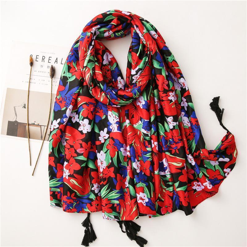 

Scarves Large Women Hijab With Tassels Red Flower Printed Antumn Shawls And Wraps High Quality National Style Travel Shawl1