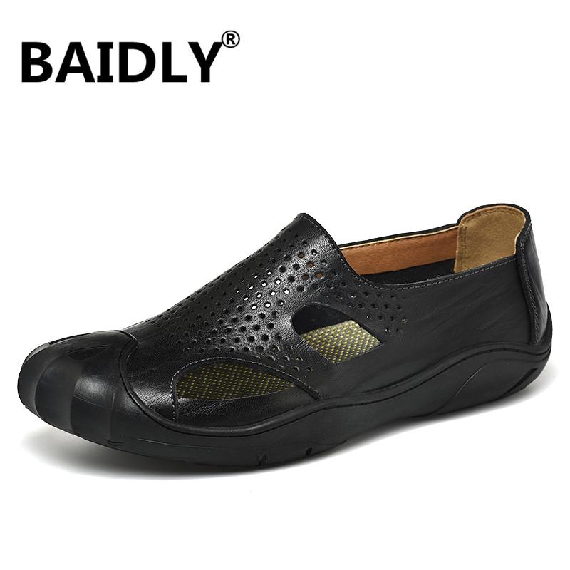 

Sandals Genuine Leather Men's Summer Shoes Outdoor Beach High Quality Roman Men Big Size, Black