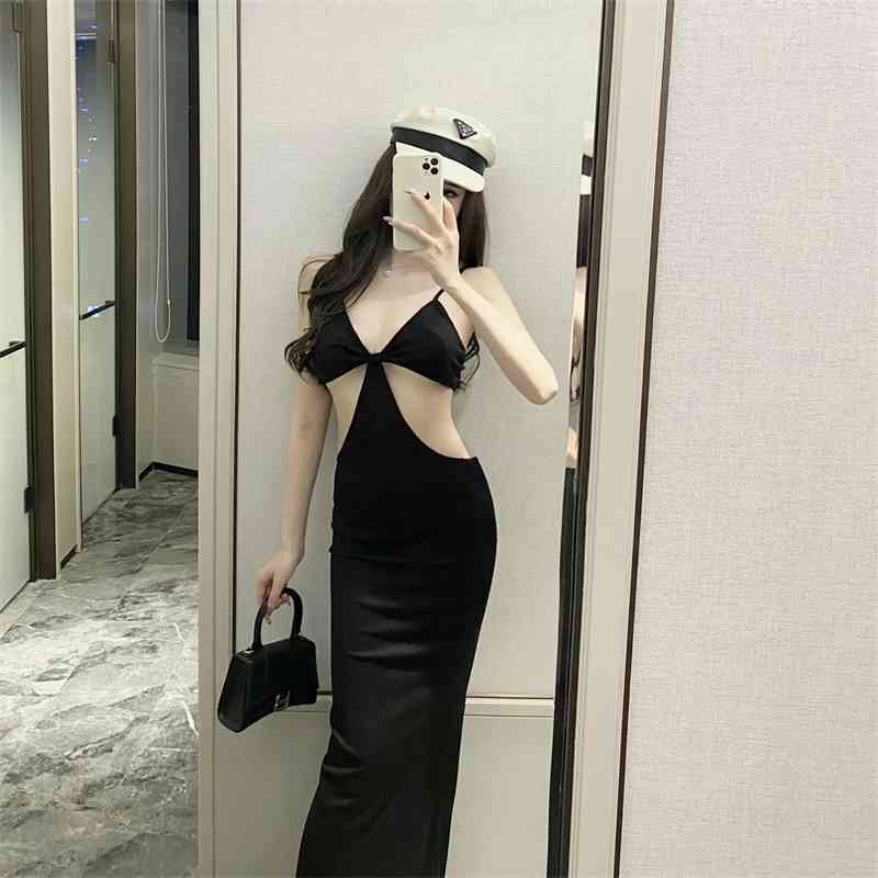 

Fashion women's dress summer suspender skirt design sense halter sexy bag hip 210520, Gray