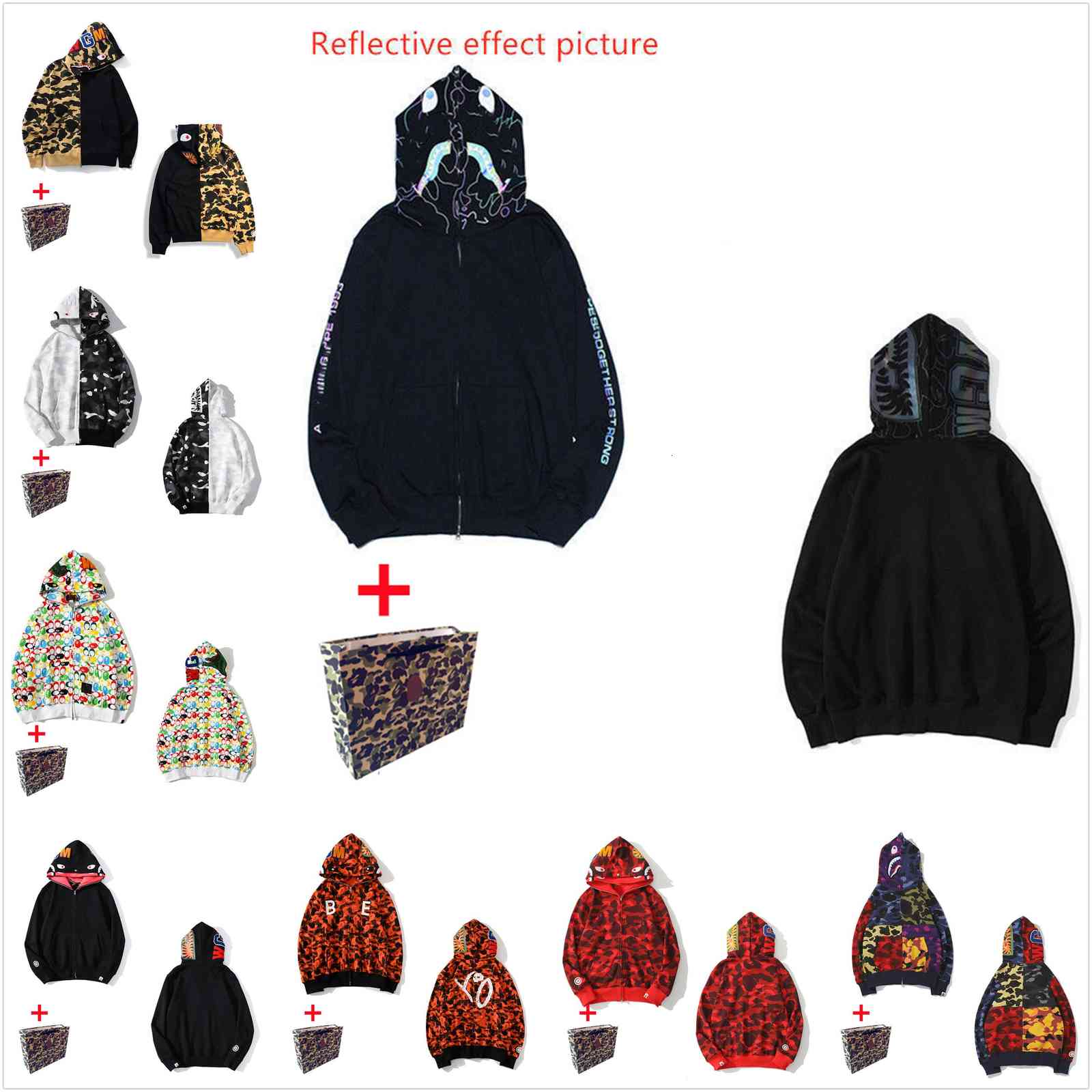 

Apes Men's shark Hoodies women's cardigan hooded high quality jacket luminous camouflage star head M-3XL Bring tote bag 0202, 1pcs button