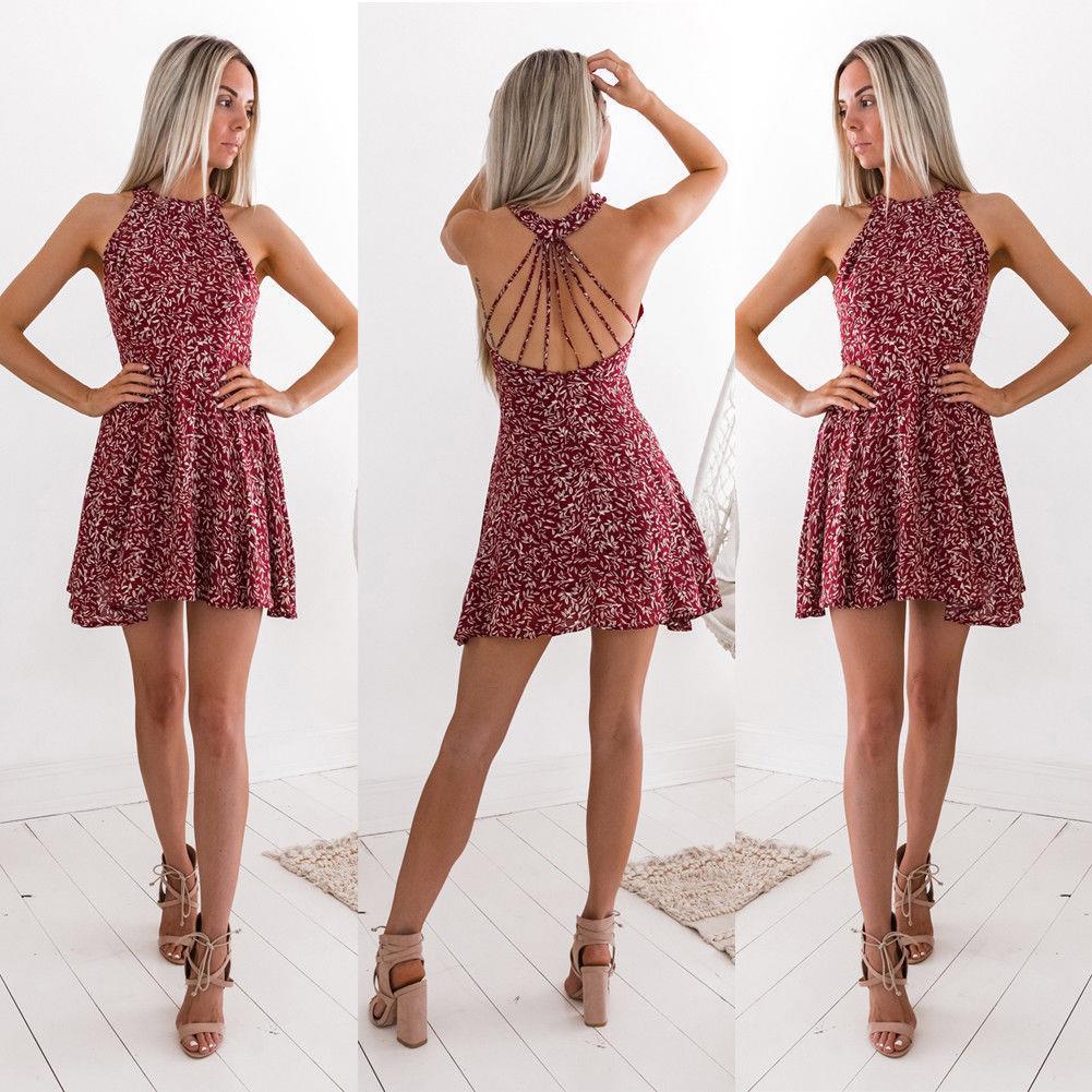 

womens boho women dresses beach summer holiday tumblr sundress halter floral mini dress ladies slim sleeveless vestido playa, Black;gray
