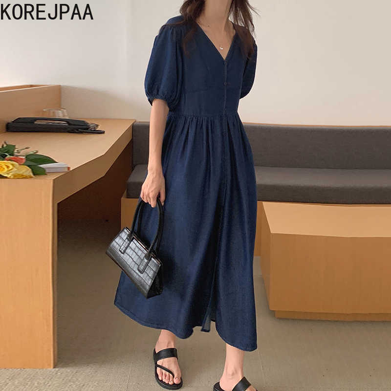 

Korejpaa Women Dress Summer Minimalist French Deep V-Neck Single-Breasted High Waist Casual Puff Sleeves Denim Vestidos 210526, Navy