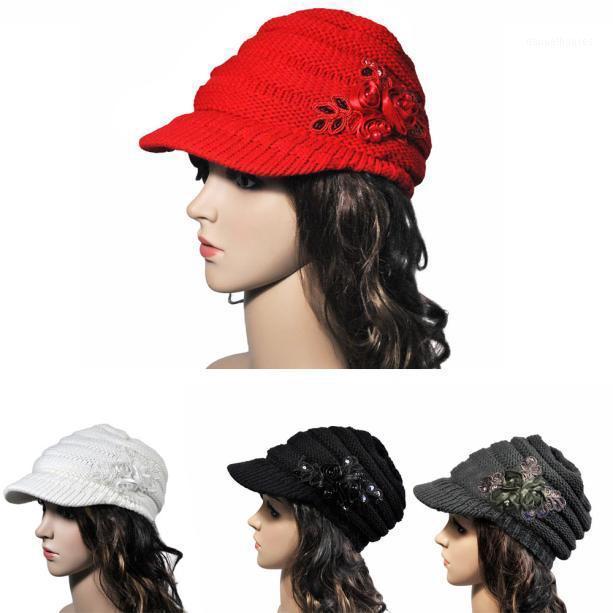 

2020 Hot Women Knitted Hats Casual Solid Color Floral Appliques Girls Winter Warm Hat Female Bonnet Caps Boina Feminino1, Blue;gray