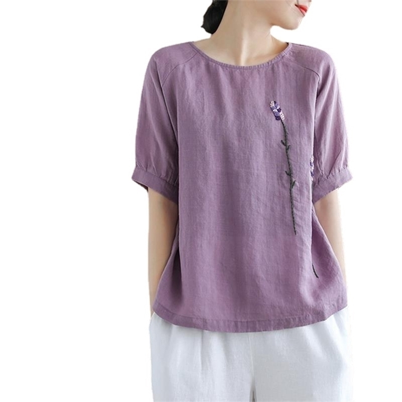 

Tshirts for Ladies Vintage Flower Embroidery 90s Aesthetic Summer Round Neck Loose Casual Asymmetry Shirt with Short Sleeves Top 210604, Purple