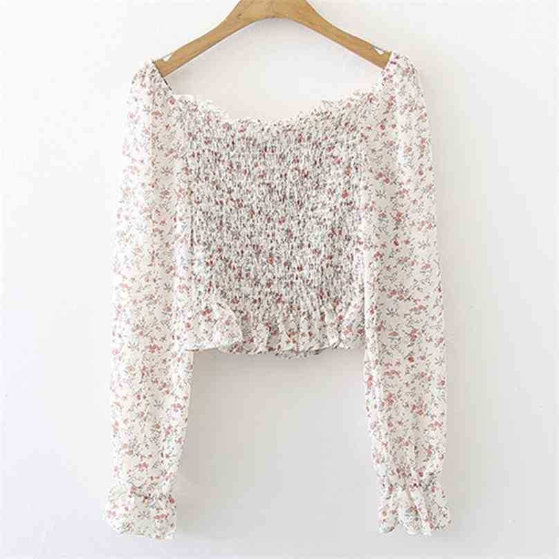 

Retro Printed Floral Chic Sexy Vintage High Waist Slim Chiffon All Match Girls Square Collar Blouses 210525, Green