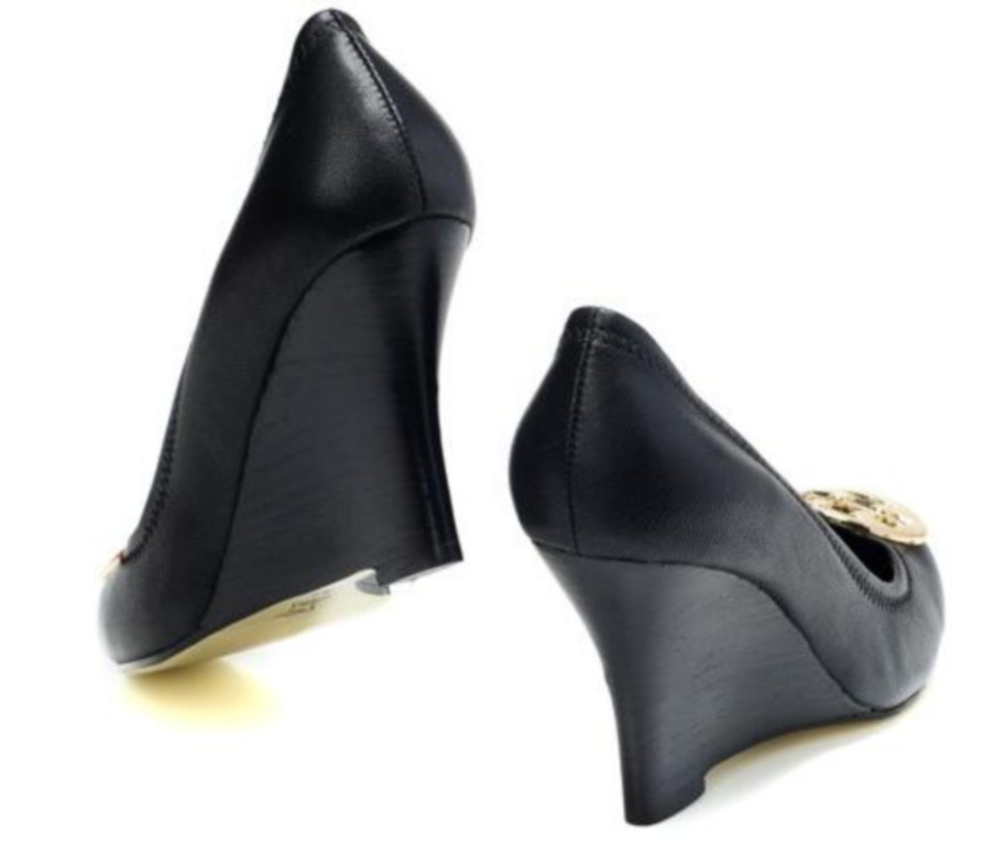 

black Color Brand Shoes Metal Buckle OL Office Lady 8 CM Wedge High Heels Wedges Women Nude Genuine Leather Pumps Shoes Size 35-41