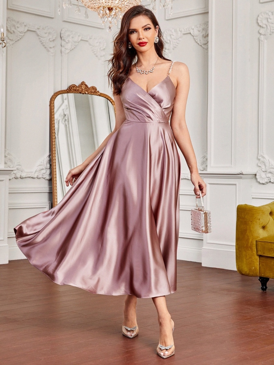 

Pearls Strap Overlap Collar Satin Cami Dress R8Hy#, Dusty pink