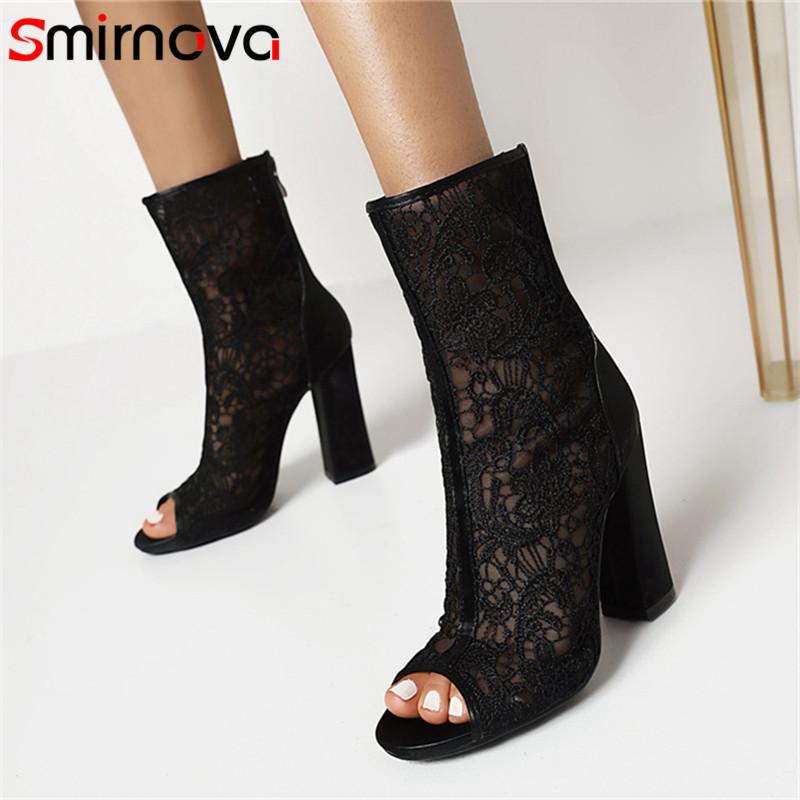 

Boots Smirnova 2021 Ankle Women Peep Toe Mesh Summer Shoes High Heels Zip European Style Casual Woman, Black