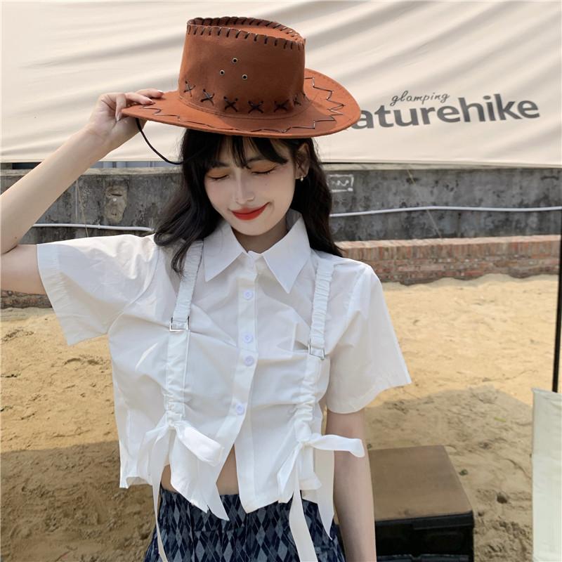 

Women's Blouses & Shirts Shirt Drawstring White Short-sleeved Female Design Sense Niche Summer Style Korean Loose Top Tide, Black