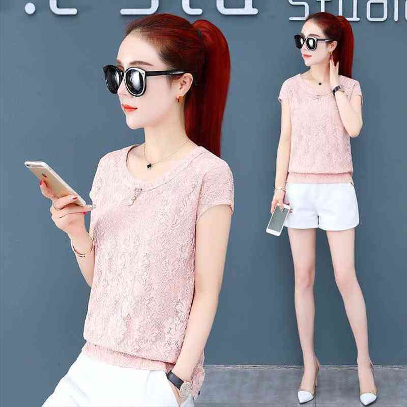 

Women Spring Autumn Style Lace Blouses Lady Casual Short Sleeve Embroidery O-neck White Blusas Tops Df2684