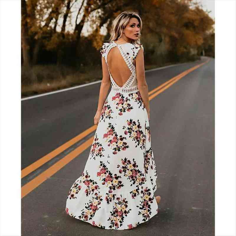

elegant brand womens boho maxi long dress party bohemian beach holiday sundress flower backless dresses, Black;gray