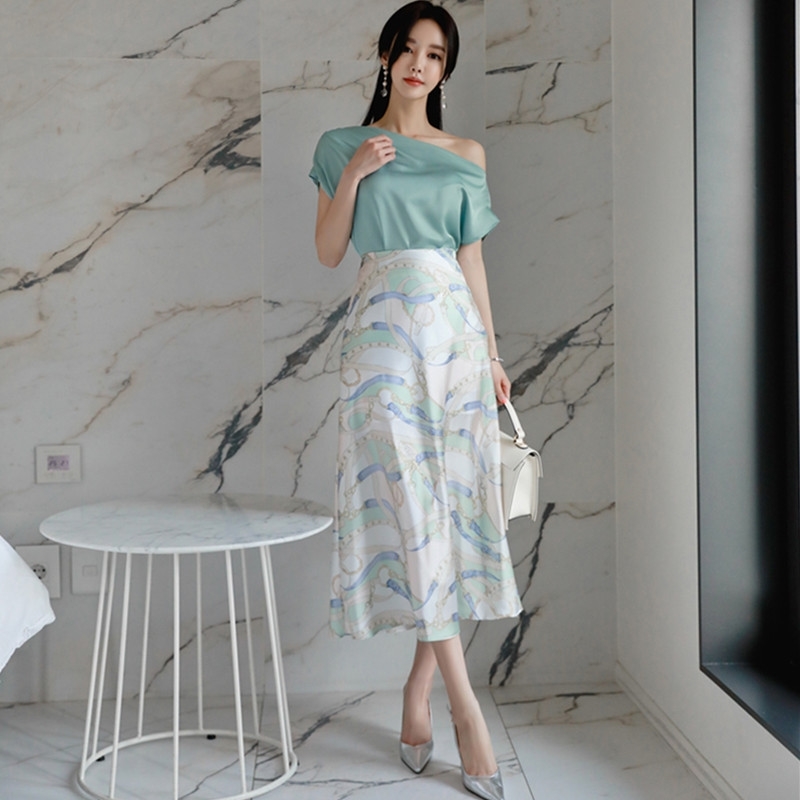 

Summer Sexy Off The Shoulder Women Korea Blouses +High Waist Print 2 Pieces Office Skirt Suits 210520, Photo color