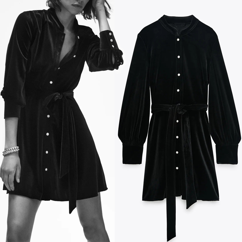 

Za 2021 Autumn Black Velvet Mini Dress Women Vintage French Elegant Long Sleeve Dress Woman Fashion Tie Belt Ladies Dresses