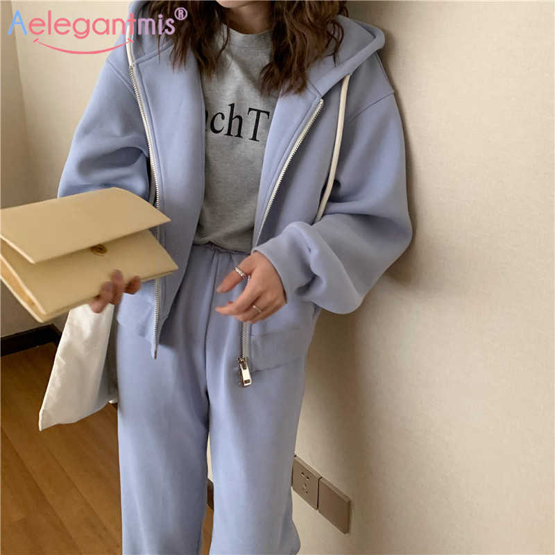 

Aelegantmis Double Zip Stylish Women Oversize Solid Hoodie Pants 2 Piece Set Spring Autumn Female Casual Drawstring Playsuit 210607, Blue