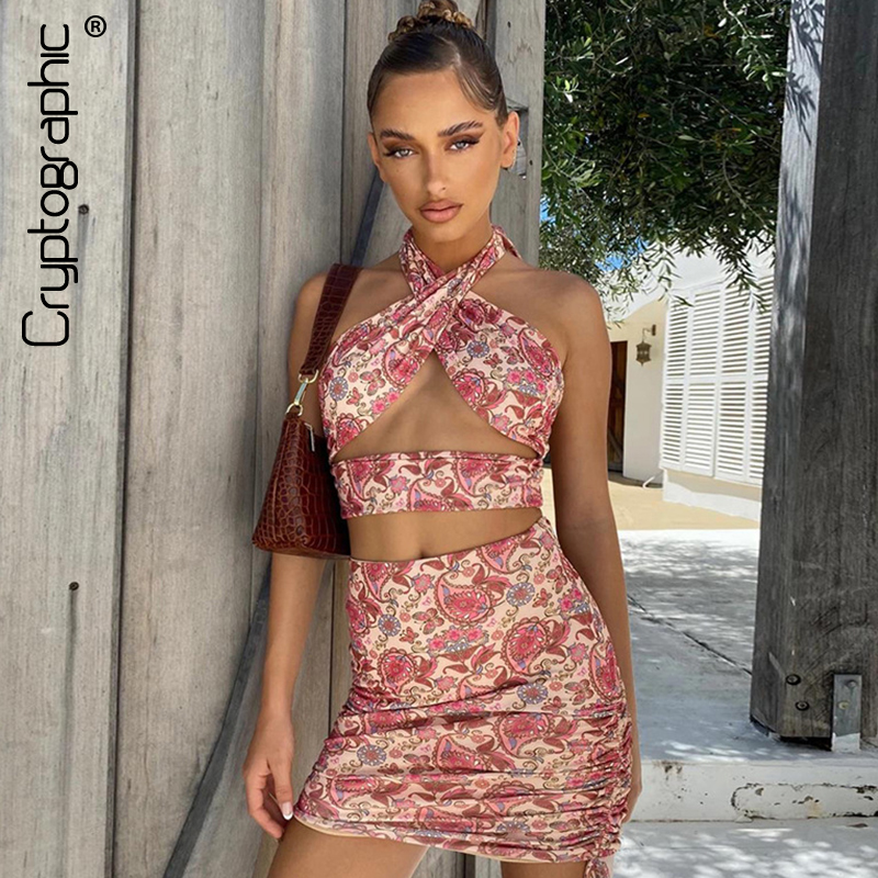 

Floral Print Halter Sexy Baless Crop Top and Skirts 2 Piece Matching Set Fashion Outfits Summer 2021 Womens Sethigh quality, Pink