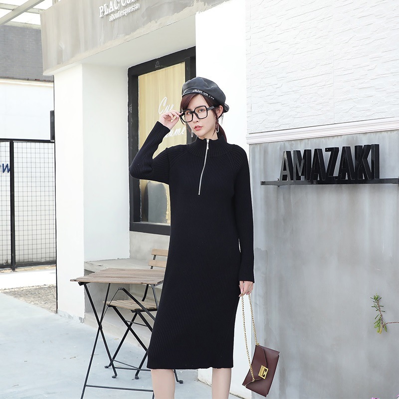 

Autumn Winter Chic Zipper Thick Knit Dress Women's Lazy Wind Straight Over The Knee Long Base Inner Bottoming Sweater 210520, Black