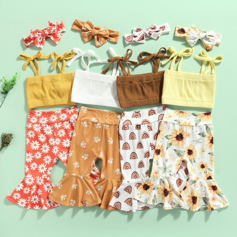 

Clothing Sets 0-24M Born Baby Girls Clothes 3pcs Strapless Solid Vest Tops Rainbow/Floral Printed Flare Pants Headband, White